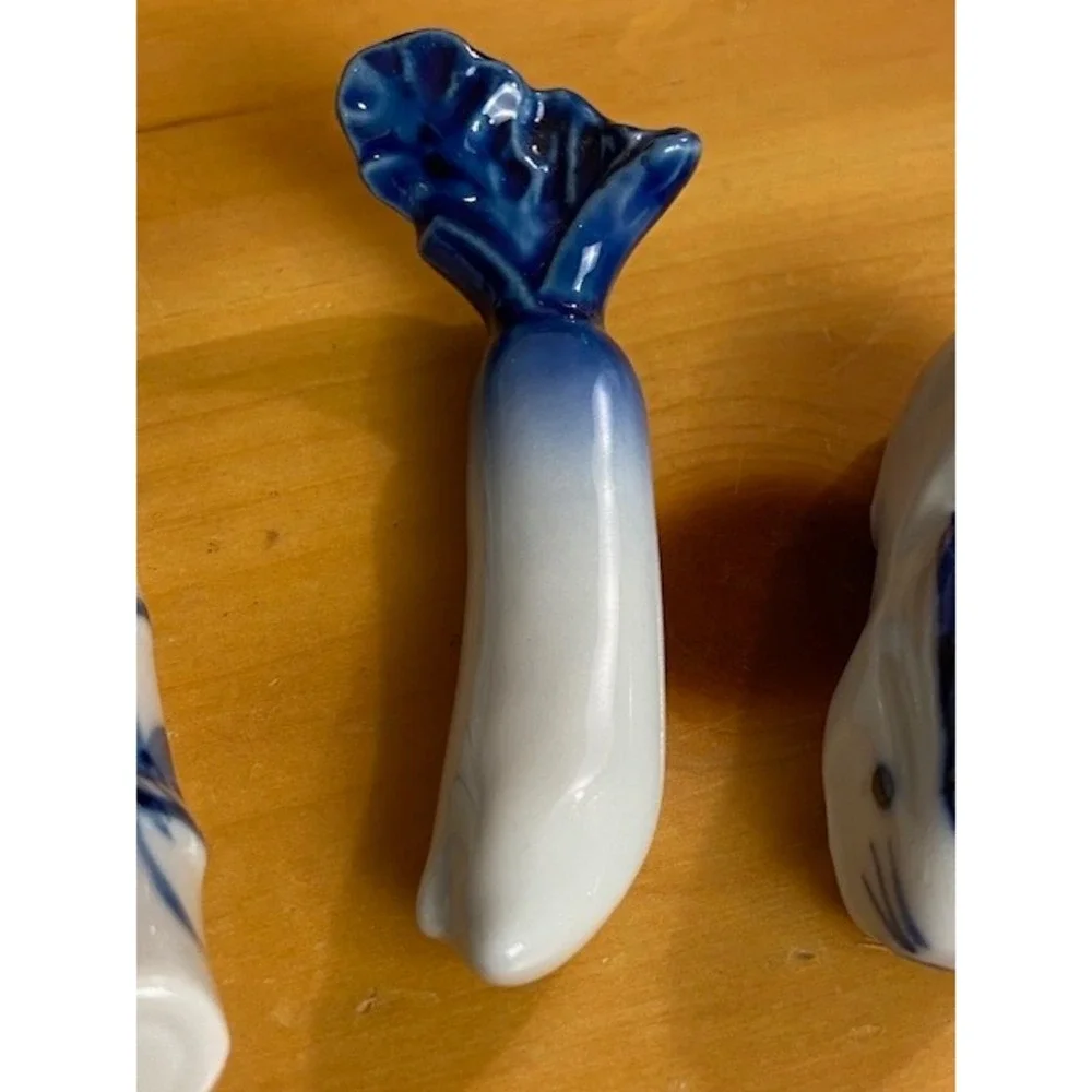 Vintage Chopstick Rest Set 5pc Blue White Porcelain Rabbit Radish Bamboo Boat